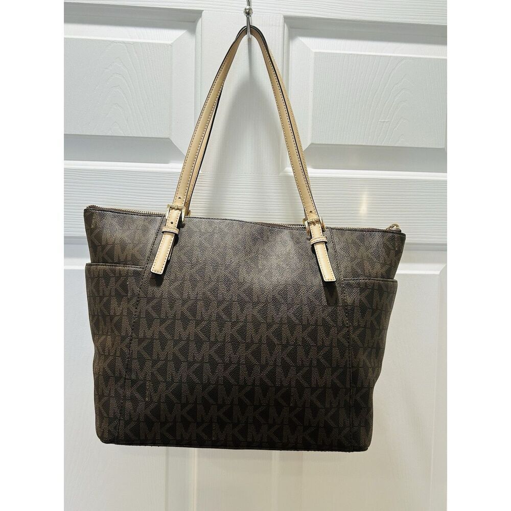Michael Kors Jet Set Brown MK Logo Signature Tan Coated Canvas Trip Tote Bag - Picture 2 of 8